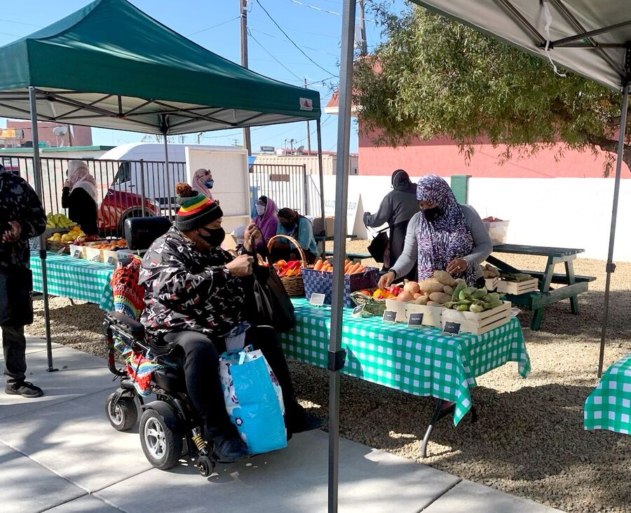 Fresh produce on green-checked tables under canopies at an outdoor market.